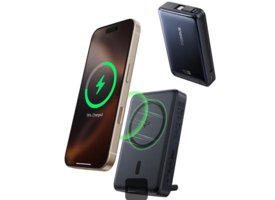 Baseus Nomos 3-in-1 10000mAh Power Bank - Qi2 Certified 15W Wireless Charger, 45W Built-In Two-Way Fast Charging Cable, Type-C Port, Kickstand - Black
